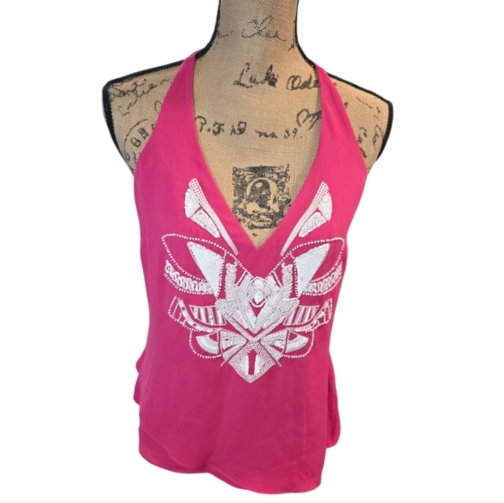 Bebe Pink Halter Top with White Embroidered Beaded‎ Design Size Small